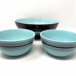 Laura Gates "Cafe Blues" Aqua & Brown Serving Bowl & 2 Ind. Bowls Stoneware